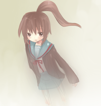 yoshimura azusa, kyonko, suzumiya haruhi no yuuutsu, bad id, bad pixiv id, lowres, 00s, 1girl, female focus, genderswap, genderswap (mtf), ponytail, school uniform, serafuku, solo