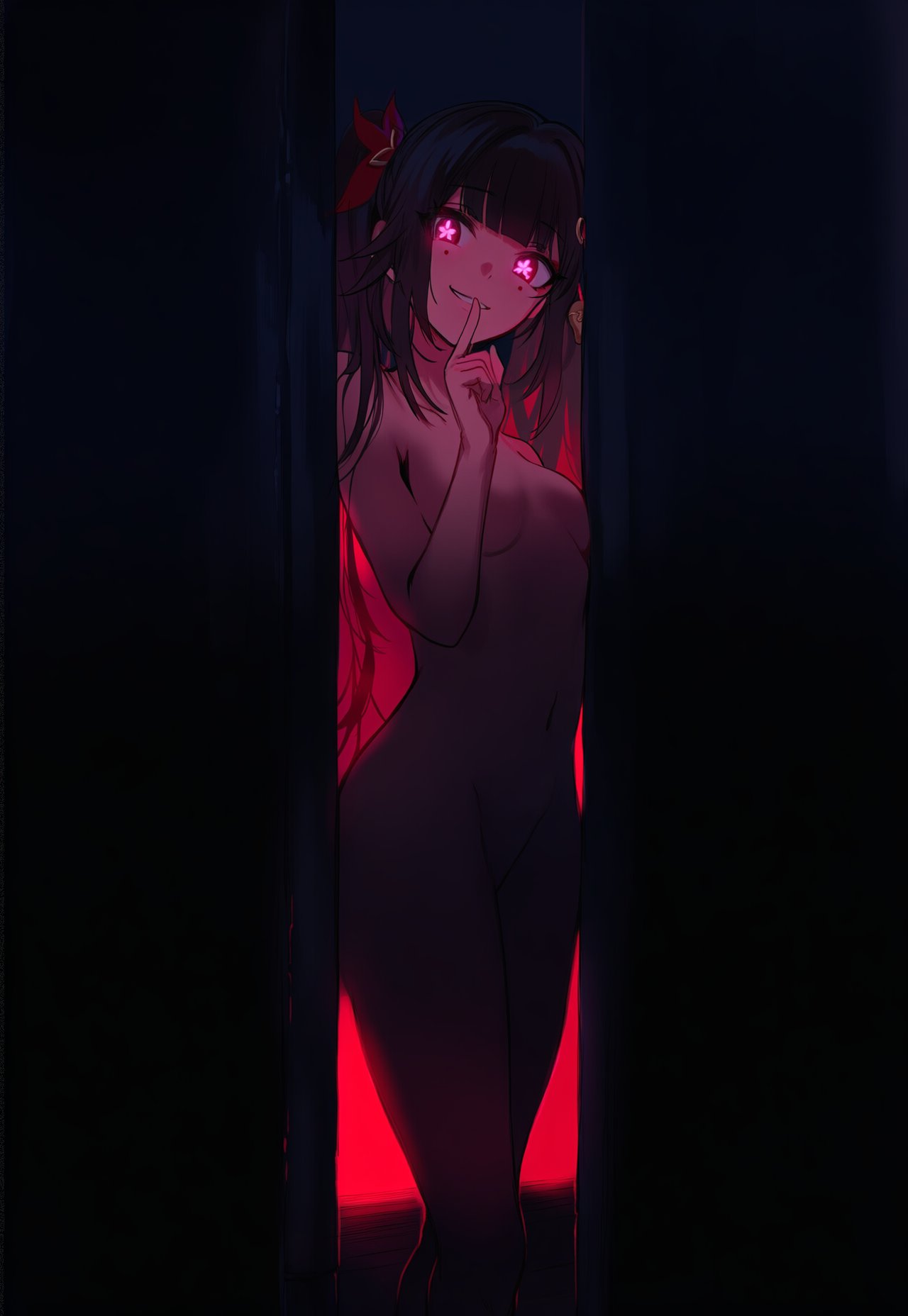 honkai: star rail, honkai (series), highres, 1girl, black hair, breasts, completely nude, dark background, finger to mouth, glowing, glowing eyes, hair ornament, long hair, looking at viewer, nude, open mouth, pixeldrift88, red eyes, shushing, simple background, small breasts, smile, solo, sparkle, standing, symbol-shaped pupils, twintails