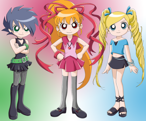 akazutsumi momoko, goutokuji miyako, matsubara kaoru, powerpunk girls, cartoon network, powerpuff girls, powerpuff girls z, grey legwear, 00s, alternate hairstyle, belt, black hair, blonde hair, blue eyes, boots, bracelet, choker, fishnets, green eyes, hair ribbon, hands on own hips, jewelry, long hair, mary janes, miniskirt, necklace, orange hair, pantyhose, ponytail, red eyes, ribbon, shoes, short hair, skirt, thighhighs, twintails, very long hair