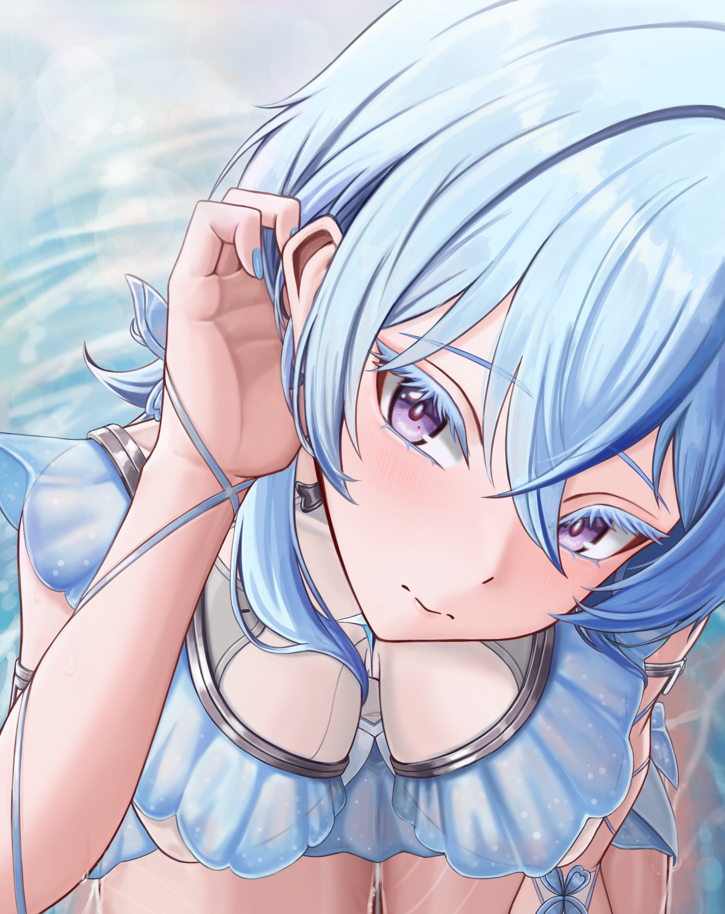 commonalty, shorekeeper (wuthering waves), wuthering waves, absurdres, commentary, highres, paid reward available, variant set, 1girl, armlet, blue dress, blue hair, blue nails, blush, breasts, closed mouth, colored eyelashes, dress, fingernails, from above, hand up, jewelry, looking at viewer, looking up, medium breasts, nail polish, purple eyes, sitting, sleeveless, sleeveless dress, solo