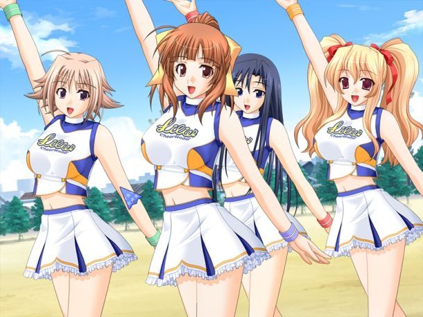 natsuki futaba, sakuragi yurika, shirakaba kozue, tachibana miyuki, cheerfull!, game cg, 4girls, black hair, blonde hair, breasts, brown hair, cheerleader, large breasts, midriff, multiple girls, ponytail, purple eyes, red eyes, red hair, ribbon, skirt, twintails, wristband
