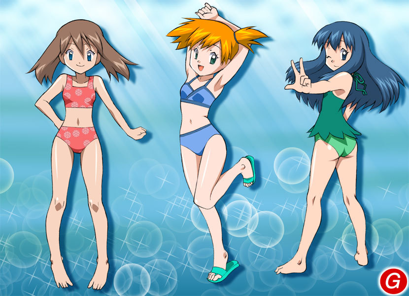 dawn (pokemon), may (pokemon), misty (pokemon), nintendo, pokemon, artist request, 3girls, bikini, blue eyes, blue hair, blue one-piece swimsuit, breasts, brown hair, green one-piece swimsuit, long hair, medium breasts, multiple girls, one-piece swimsuit, one eye closed, orange hair, panties, red one-piece swimsuit, sandals, small breasts, smile, swimsuit, underwear, wink
