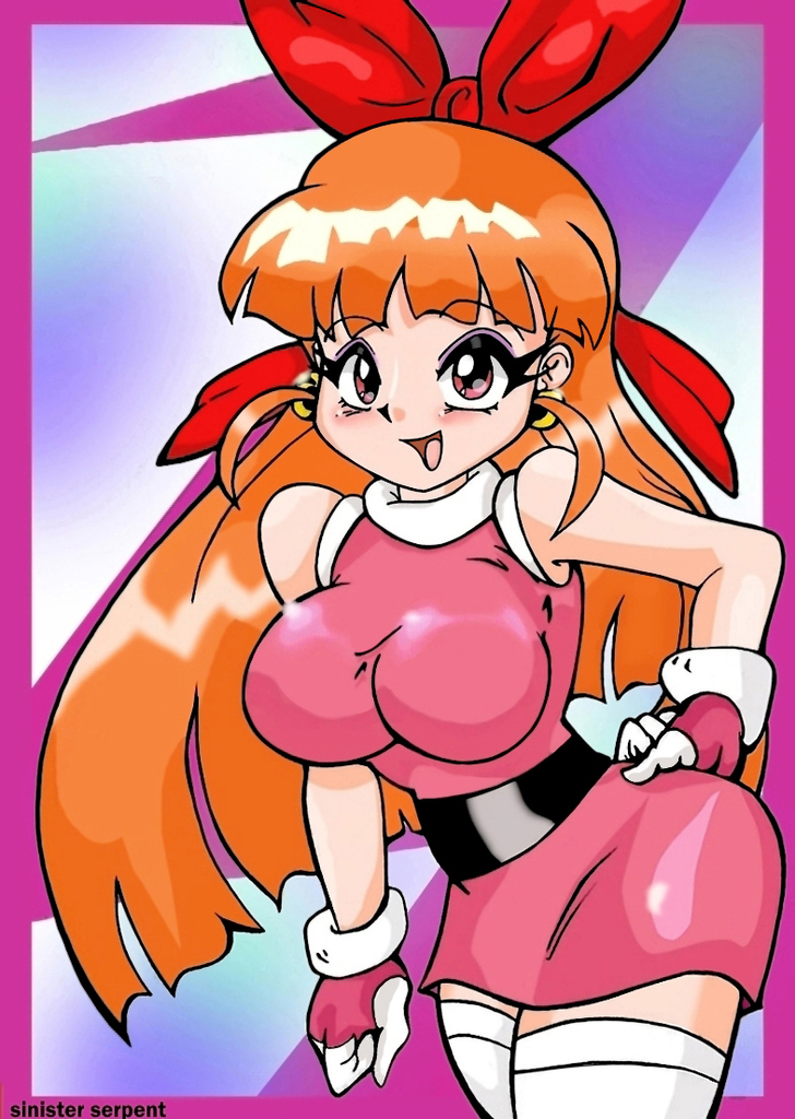 sinisterserpent, blossom (ppg), cartoon network, powerpuff girls, 1girl, blush, bow, breasts, dress, earrings, eyeshadow, gloves, hair bow, hand on own hip, jewelry, large breasts, long hair, looking at viewer, makeup, open mouth, orange hair, pink dress, pink gloves, red bow, red eyes, sleeveless, sleeveless dress, smile, standing, thighhighs, white thighhighs