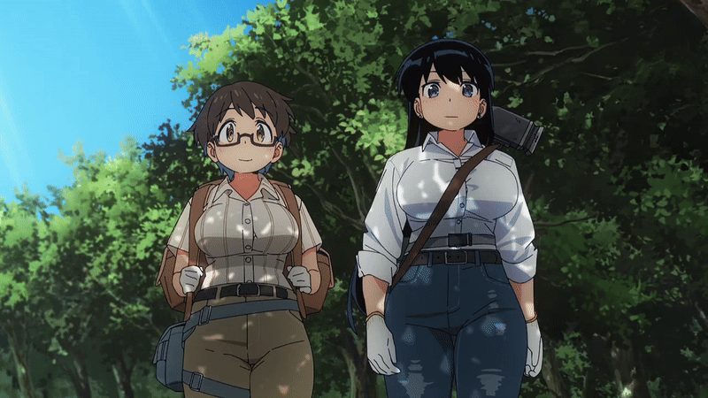 arato nagi, imari youko, ruri no houseki, animated, animated gif, tagme, 2025, 20s, 2girls, backpack, bag, belt, black hair, breasts, brown eyes, brown hair, brown pants, collared shirt, forest, glasses, gloves, hammer, large breasts, long hair, long sleeves, multiple girls, nature, outdoors, pants, semi-rimless eyewear, shirt, short hair, sidelocks, standing, striped clothes, tree, under-rim eyewear, walking, white gloves, white shirt