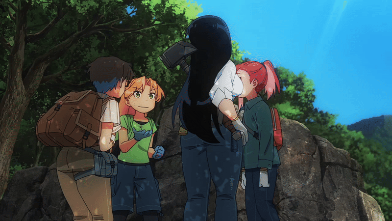 arato nagi, imari youko, seto shouko, tanigawa ruri, ruri no houseki, animated, animated gif, tagme, 2025, 20s, 4girls, ass, backpack, bag, belt, black hair, blonde hair, blue pants, blue sky, breasts, brown eyes, brown hair, brown pants, collared shirt, denim, forest, gem, glasses, gloves, green shirt, hammer, holding, holding gem, huge ass, jeans, jewelry, large breasts, long hair, long sleeves, multicolored hair, multiple girls, nature, outdoors, pants, ponytail, red eyes, red hair, rock, semi-rimless eyewear, shirt, short hair, sidelocks, sky, standing, striped clothes, thick thighs, thighs, tree, two-tone hair, under-rim eyewear, walking, white gloves, white shirt