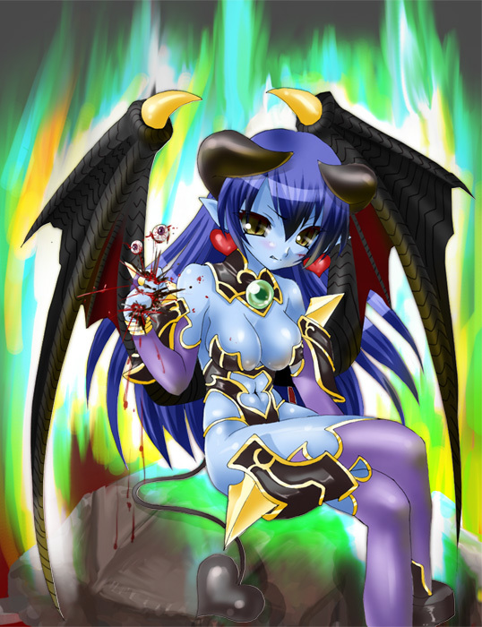 astaroth (shinrabanshou), shinrabanshou, bat wings, blue hair, blue skin, blush, breasts, cleavage, colored skin, demon girl, horns, large breasts, single horn, wings
