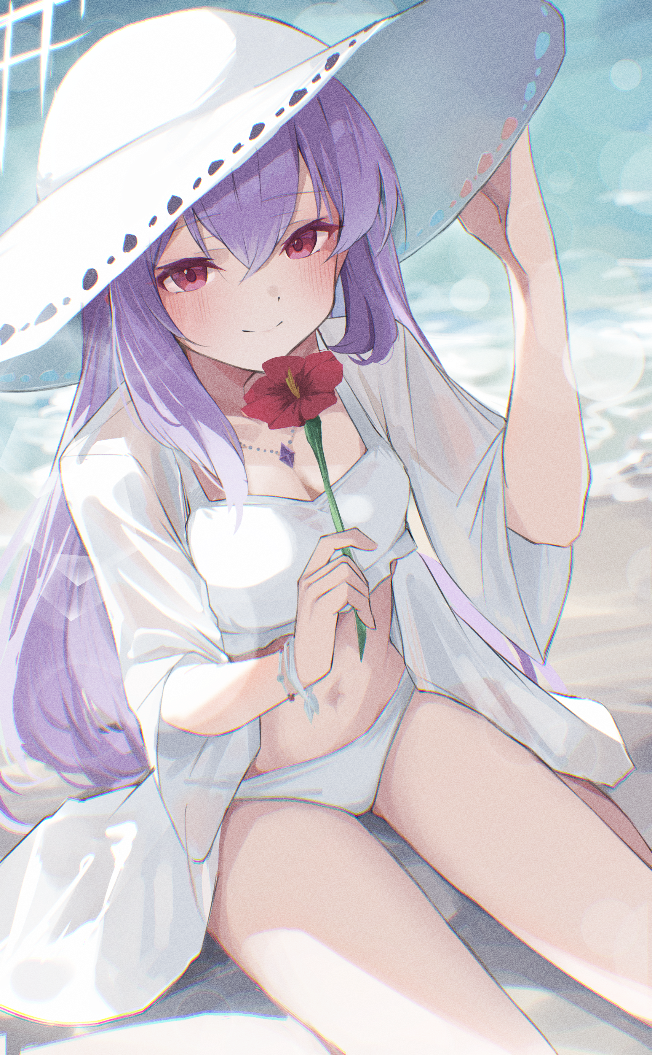 supic1711, atsuko (blue archive), atsuko (swimsuit) (blue archive), blue archive, absurdres, highres, 1girl, bikini, blush, breasts, cleavage, closed mouth, flower, hair between eyes, halo, hat, holding, holding flower, long hair, looking at viewer, navel, official alternate costume, open clothes, open shirt, purple hair, red eyes, red flower, shirt, sidelocks, smile, solo, stomach, sun hat, swimsuit, white bikini, white halo, white hat, white shirt