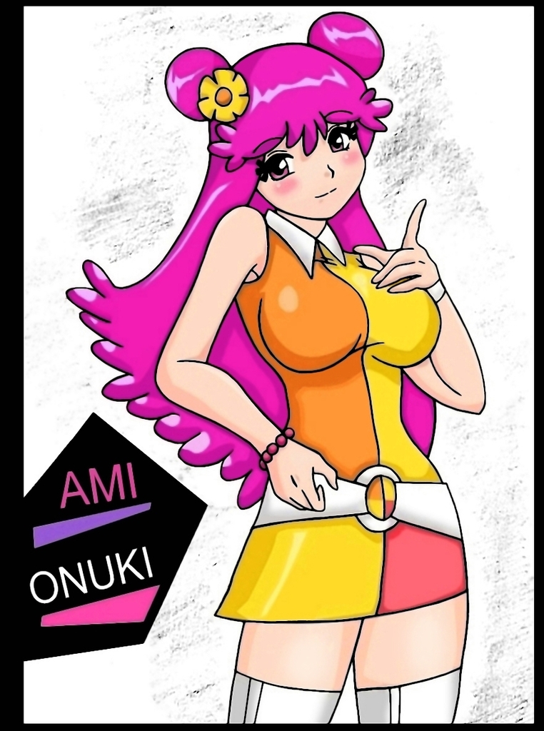 ami onuki, cartoon network, hi hi puffy amiyumi, white footwear, artist request, 1girl, belt, blush, boots, bracelet, breasts, double bun, dress, flower, hair bun, hair flower, hair ornament, index finger raised, jewelry, large breasts, long hair, looking at viewer, orange dress, pink eyes, pink hair, sleeveless, sleeveless dress, smile, standing, thigh boots, white background, white belt