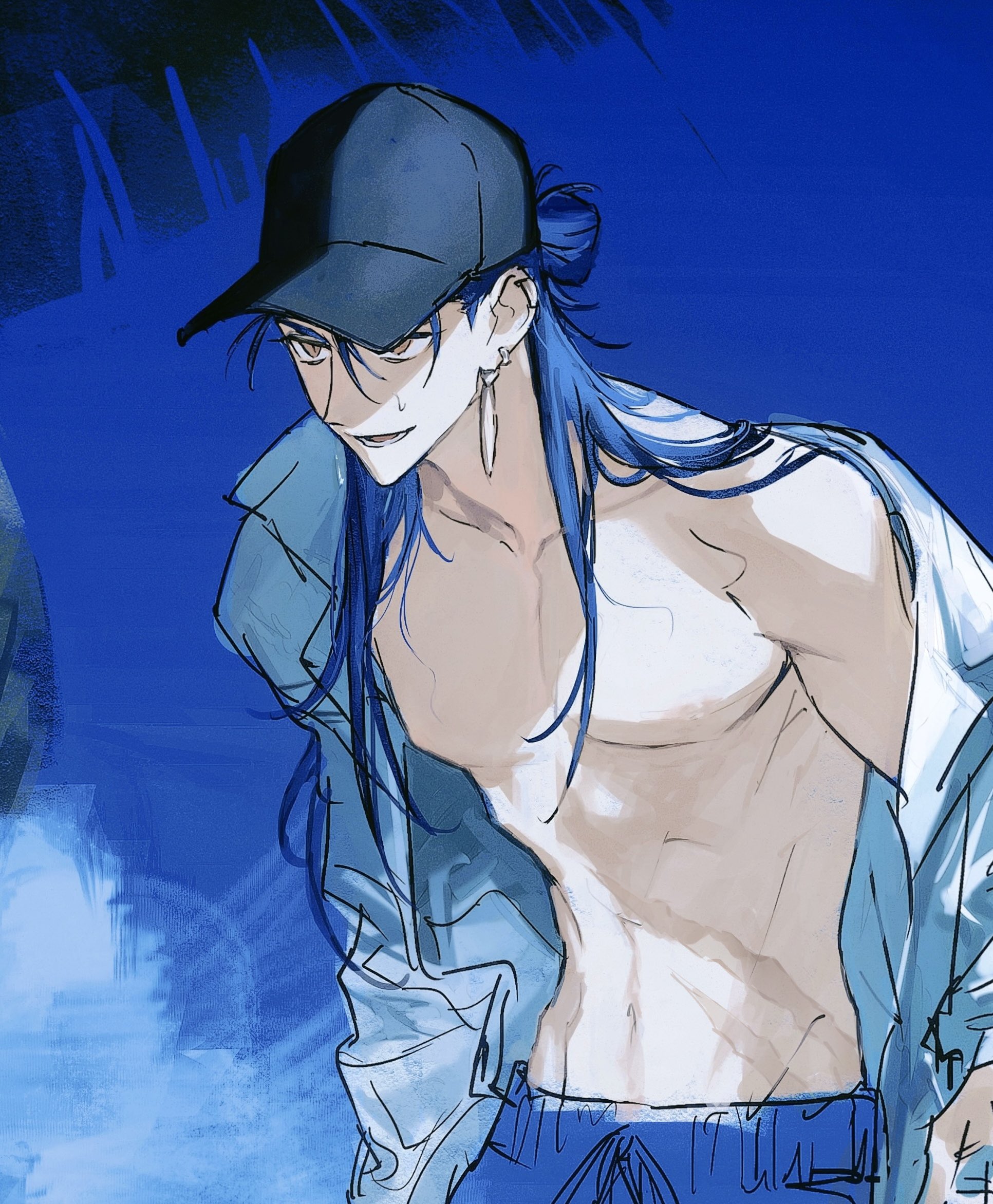 cu chulainn (caster) (fate), cu chulainn (fate), cu chulainn (tropical rune summer) (fate), fate/grand order, fate (series), highres, 1boy, black hat, blue hair, blue sky, blue swim trunks, day, earrings, half updo, hat, jewelry, long hair, male focus, metama, navel, open clothes, open mouth, open shirt, outdoors, pectorals, red eyes, shirt, sky, smile, solo, sweatdrop, upper body, white shirt