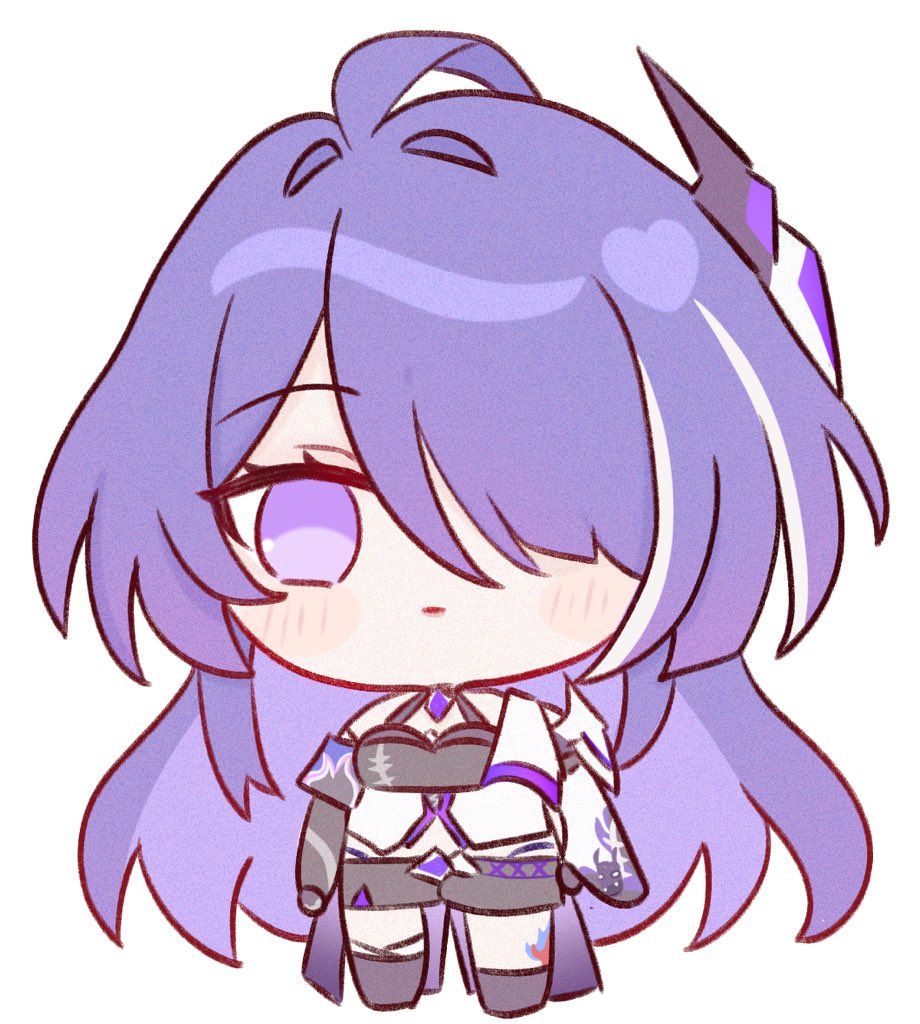 samlatte, acheron (honkai: star rail), honkai: star rail, honkai (series), commentary, english commentary, 1girl, black shorts, chibi, chibi only, coat, full body, hair ornament, hair over one eye, halterneck, leg tattoo, long hair, multicolored hair, purple eyes, purple hair, shorts, simple background, solo, standing, streaked hair, tattoo, very long hair, white background, white coat