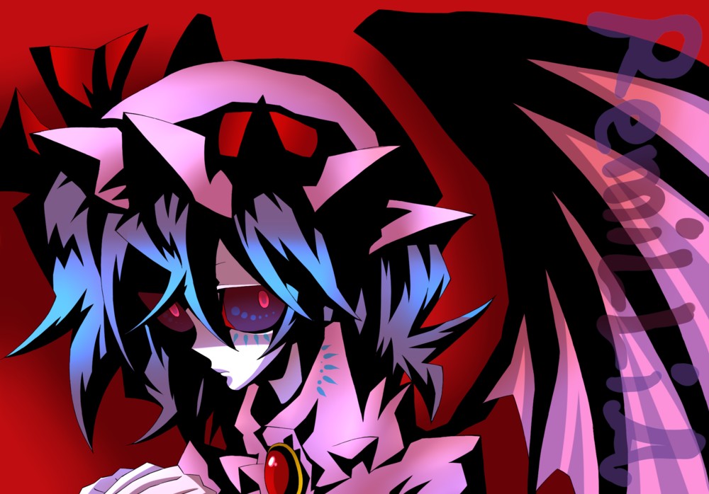 senmu (0107), remilia scarlet, touhou, bad id, bad pixiv id, 1girl, bat wings, blue hair, character name, colorful, female focus, solo, wings