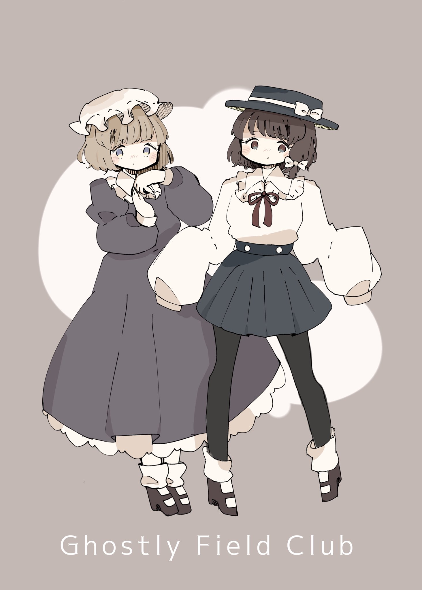 salt shol, maribel hearn, usami renko, ghostly field club, touhou, highres, 2girls, black leggings, black skirt, blonde hair, blush stickers, bow, bowtie, brown hair, collar, dress, english text, fedora, hat, hat bow, leggings, mary janes, mob cap, multiple girls, puffy sleeves, purple dress, red bow, red bowtie, shirt, shoes, simple background, skirt, white collar, white shirt