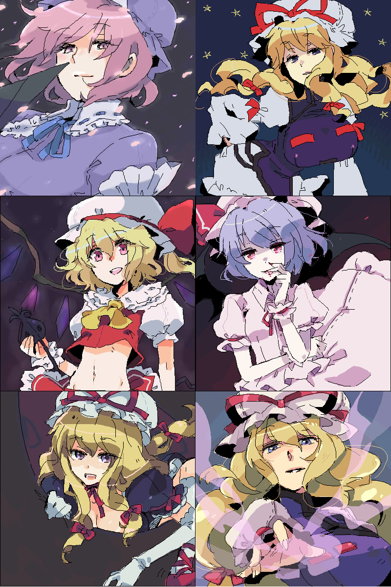 tsumura chita, flandre scarlet, remilia scarlet, saigyouji yuyuko, yakumo yukari, touhou, light purple hair, bad id, bad pixiv id, highres, 4girls, ascot, female focus, hat, hat ribbon, looking at viewer, midriff, mob cap, multiple girls, navel, pink hair, puffy short sleeves, puffy sleeves, purple eyes, red eyes, red ribbon, ribbon, short hair, short sleeves, stomach, vest, wings