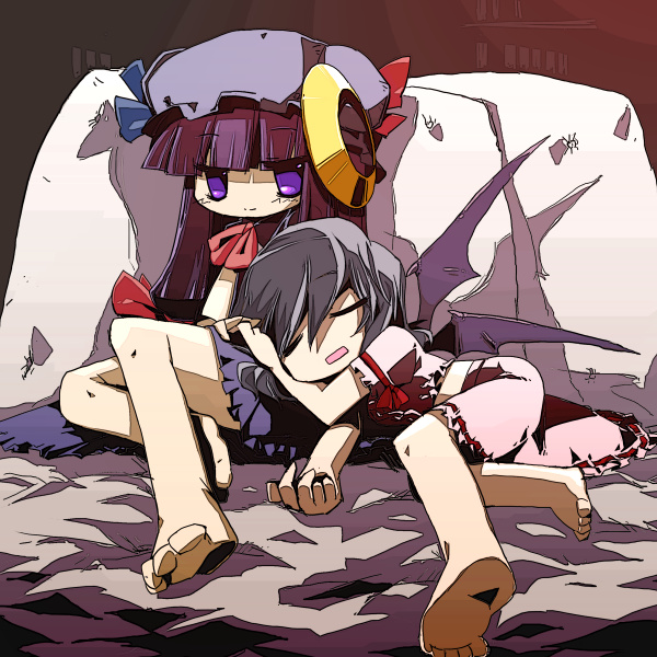 kawachi yamato, patchouli knowledge, remilia scarlet, touhou, 2girls, barefoot, bat wings, feet, female focus, foreshortening, multiple girls, purple hair, sleeping, wings