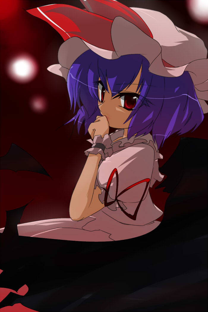 oka (bananashoe), remilia scarlet, touhou, 1girl, female focus, gradient background, hat, red eyes, skirt, solo, wings