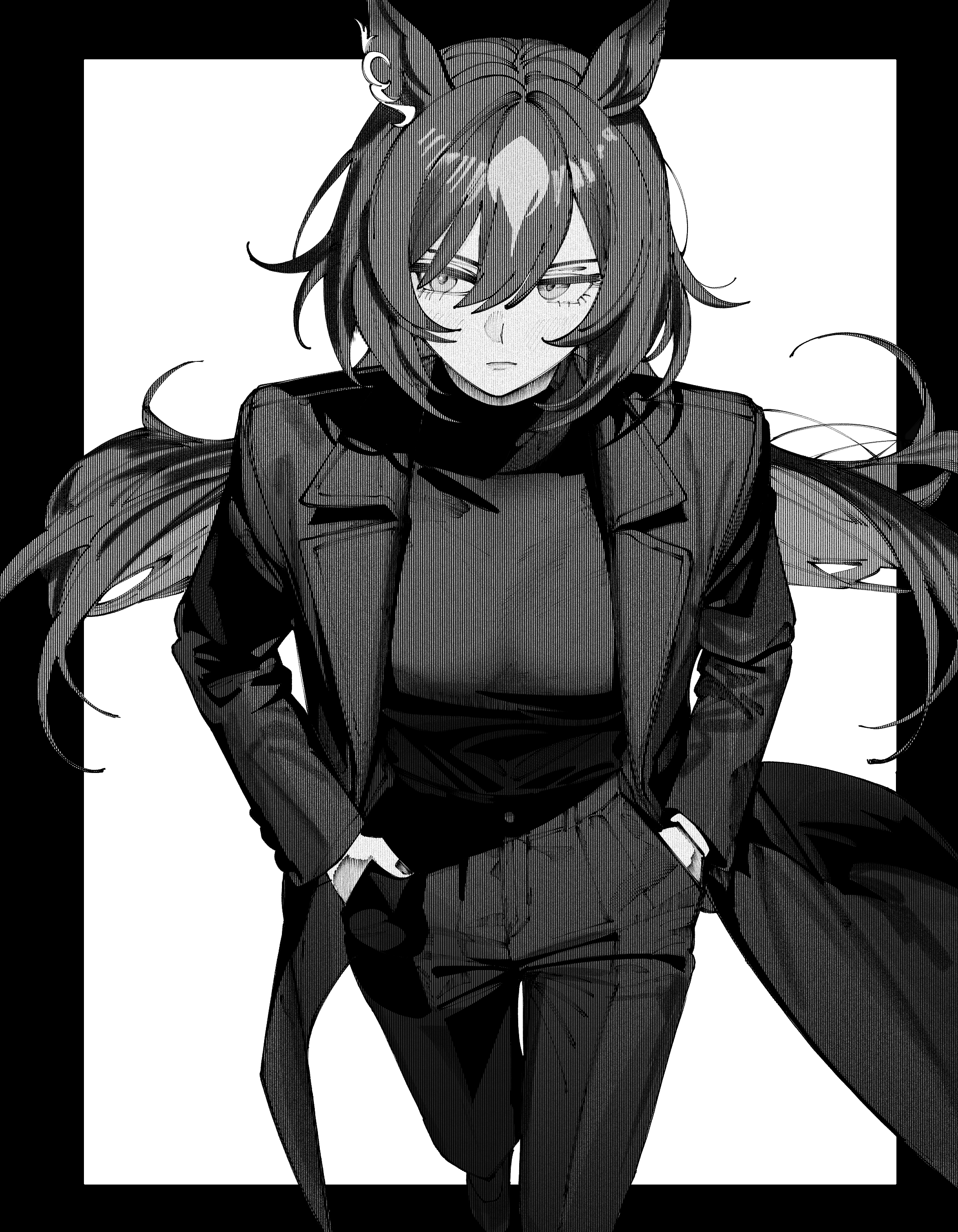 kani ka nanika, sirius symboli (umamusume), umamusume, absurdres, highres, 1girl, animal ears, closed mouth, greyscale, hair between eyes, hands in pockets, horse ears, horse girl, jacket, lapels, long hair, looking to the side, monochrome, open clothes, open jacket, pants, shirt, sidelocks, solo, turtleneck, turtleneck shirt