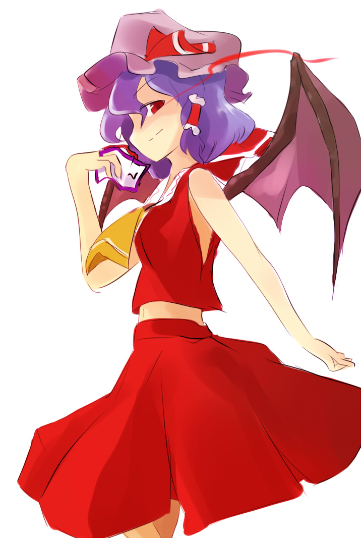 aasu seiyaku (aba), hakurei reimu, remilia scarlet, touhou, 1girl, bat wings, cosplay, female focus, hair tubes, hakurei reimu (cosplay), midriff, navel, profile, red eyes, simple background, solo, white background, wings