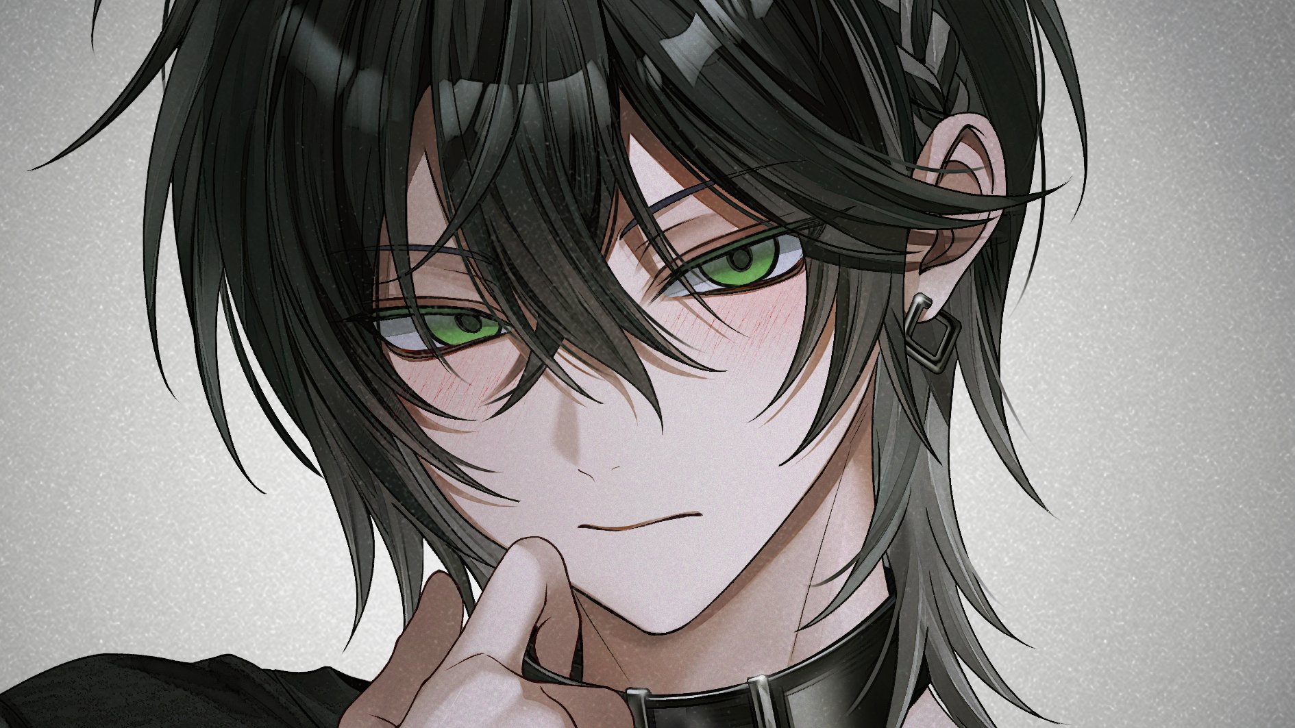 onmoynn, original, commentary, commission, highres, 1boy, black choker, black hair, black shirt, blush, choker, closed mouth, earrings, green eyes, grey background, hair between eyes, hand up, jewelry, looking at viewer, male focus, medium hair, portrait, shirt, simple background, solo