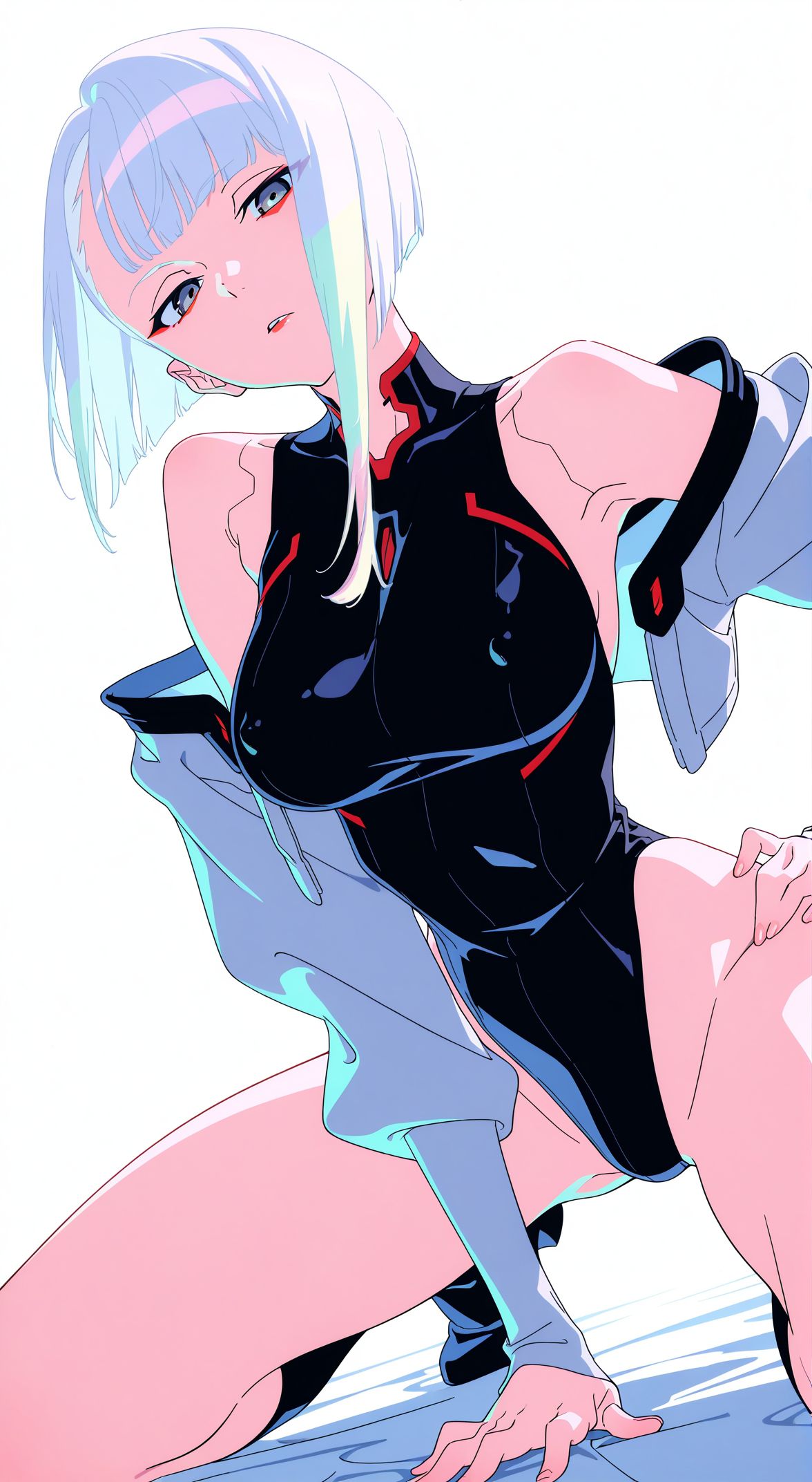 kami kuro8, lucy (cyberpunk), cyberpunk: edgerunners, cyberpunk (series), highres, 1girl, blue boots, boots, breasts, grey eyes, jacket, large breasts, white background, white hair, white jacket