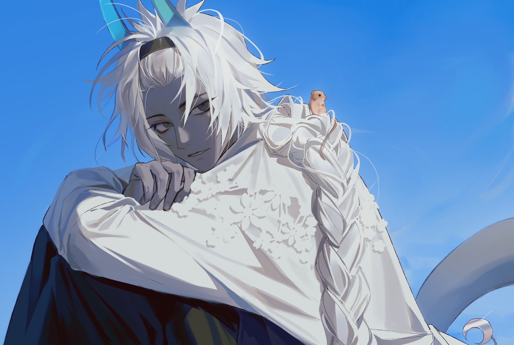 to0folder80, arjuna (fate), arjuna alter (fate), fate/grand order, fate (series), highres, 1boy, animal, animal on shoulder, arms on knees, black eyes, black hairband, blue horns, blue sky, braid, braided ponytail, dark-skinned male, dark skin, day, gerbil, hair between eyes, hairband, horns, long hair, male focus, open mouth, outdoors, shirt, single braid, sky, solo, white hair, white shirt