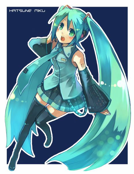 hanokage, hatsune miku, vocaloid, aqua necktie, black boots, blouse, blue background, blue shirt, boots, character name, detached sleeves, full body, long hair, necktie, outline, shirt, sleeveless, sleeveless shirt, solo, thighhighs, twintails, very long hair, white outline