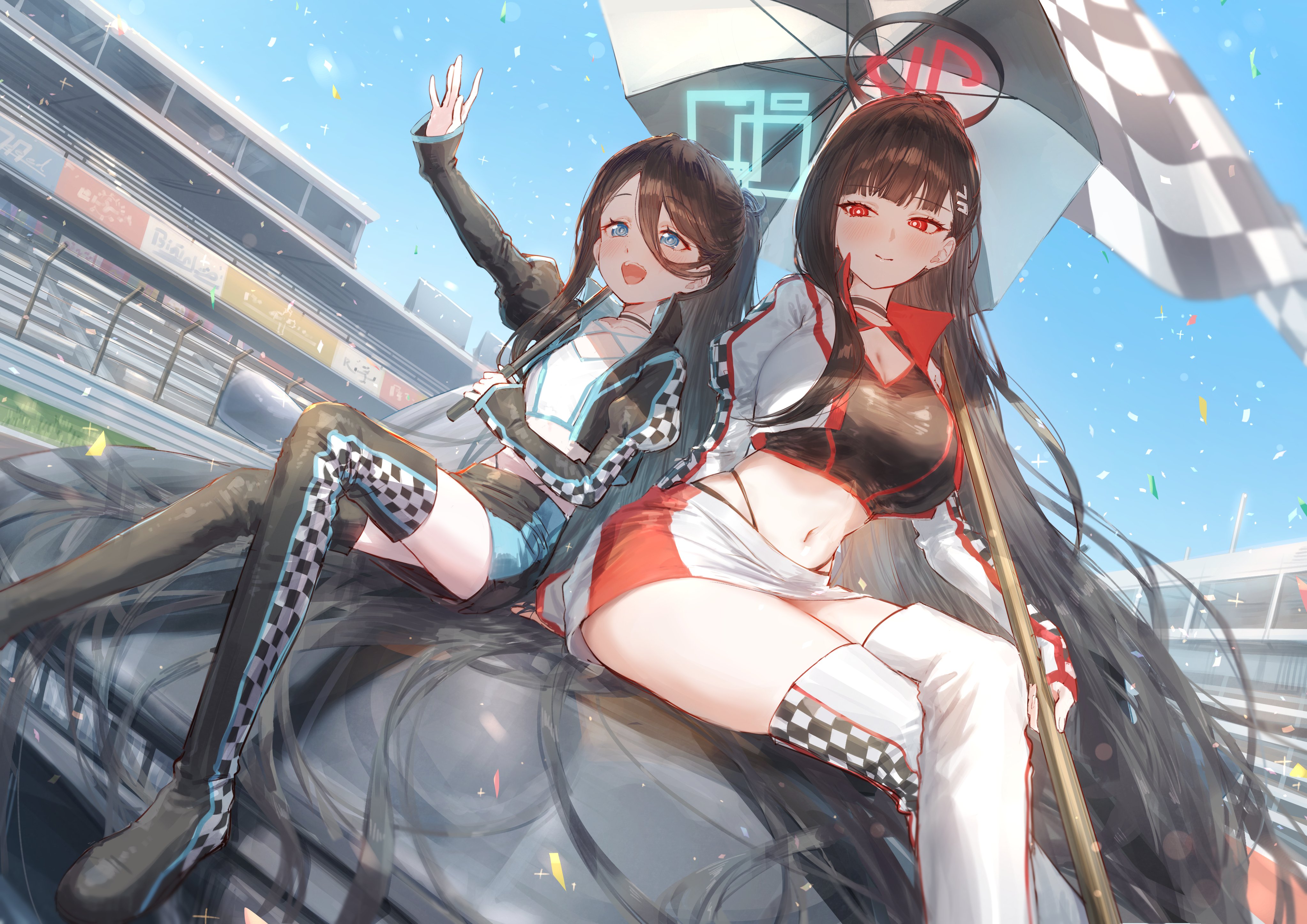 eshineko, aris (blue archive), rio (blue archive), blue archive, absurdres, highres, 2girls, black hair, blue eyes, breasts, bright pupils, car, checkered flag, confetti, flag, hair between eyes, hair ornament, hairclip, halo, holding, holding flag, holding umbrella, large breasts, long hair, millennium science school logo, motor vehicle, multiple girls, on car, open mouth, outdoors, outstretched arm, race queen, red eyes, umbrella, very long hair, white pupils