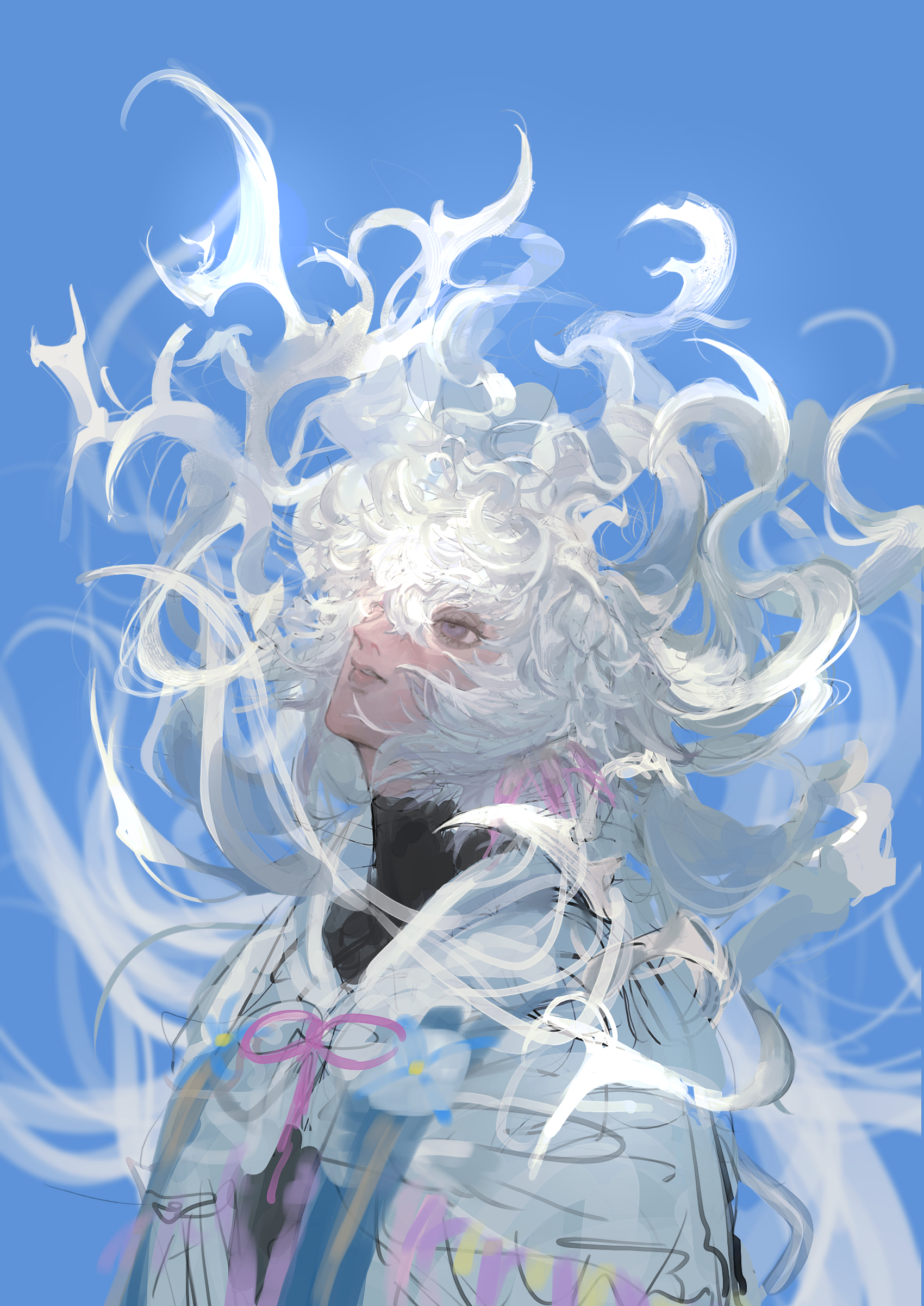 merlin (fate), fate/grand order, fate (series), absurdres, highres, 1boy, blue background, escape xxx, floating hair, hair between eyes, long hair, looking up, male focus, purple eyes, robe, simple background, solo, turtleneck, upper body, white hair, white robe
