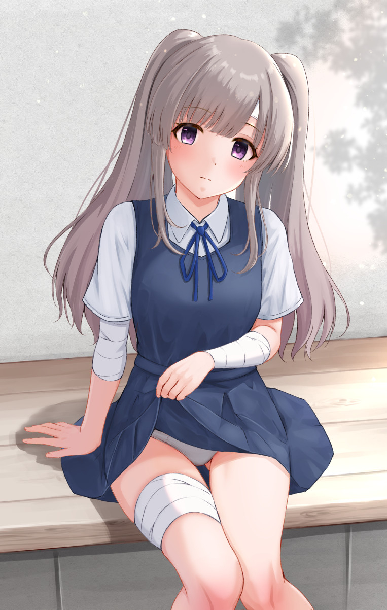 ca paria, yukoku kiriko, idolmaster, idolmaster shiny colors, commentary request, highres, 1girl, bandaged arm, bandaged leg, bandages, bandaid, bandaid on face, bandaid on forehead, blue dress, blue ribbon, clothes lift, dress, dress lift, feet out of frame, grey hair, long hair, looking at viewer, panties, pinafore dress, purple eyes, ribbon, shirt, short sleeves, sitting, sleeveless, sleeveless dress, solo, twintails, underwear, very long hair, white panties, white shirt