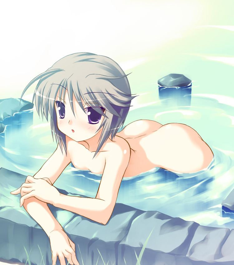safi, ezomori nozomu, kanokon, 00s, 1girl, ass, bath, blush, female focus, flat chest, looking at viewer, nude, onsen, parted lips, partially submerged, purple eyes, short hair, solo, water