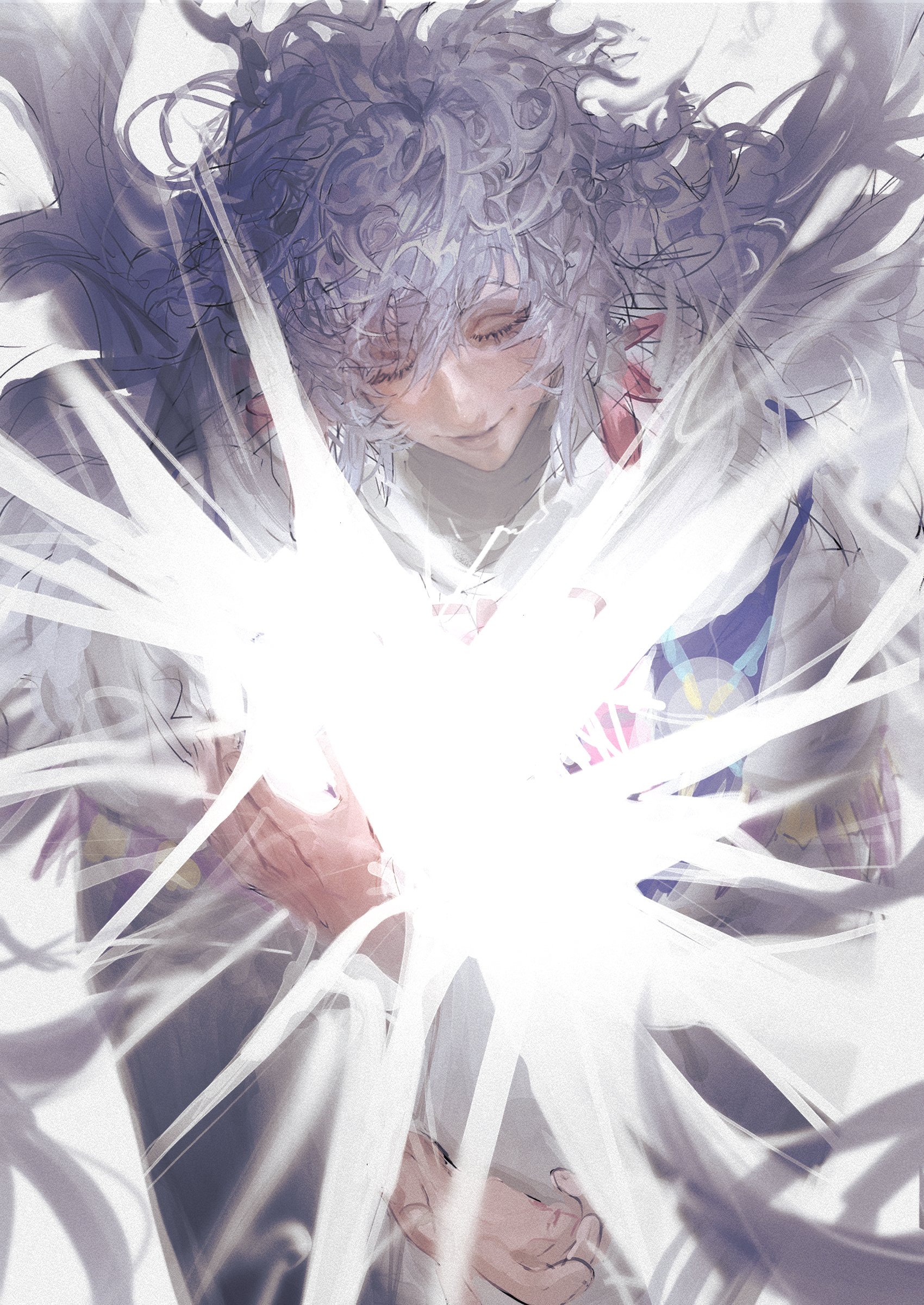 merlin (fate), fate/grand order, fate (series), absurdres, highres, 1boy, closed eyes, escape xxx, floating hair, grey hair, hair between eyes, long hair, male focus, robe, smile, solo, upper body, white background, white robe