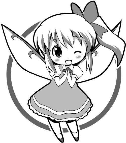 michii yuuki, daiyousei, embodiment of scarlet devil, touhou, 1girl, blush, bow, chibi, dress, female focus, greyscale, hair bow, monochrome, one eye closed, open mouth, own hands together, side ponytail, smile, solo, wings