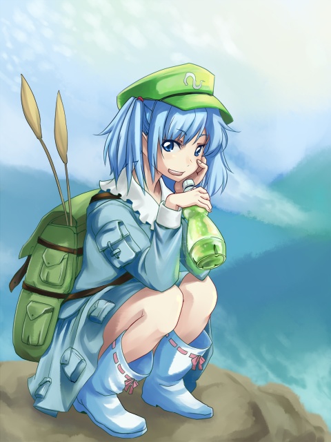 mugishima orie, kawashiro nitori, pepsi, touhou, 1girl, backpack, bag, boots, female focus, full body, hat, nature, outdoors, pepsi ice cucumber, plant, randoseru, sky, solo, squatting, two side up, water