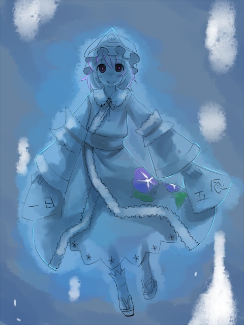 mugishima orie, saigyouji yuyuko, touhou, 1girl, blue theme, female focus, hat, mob cap, monochrome, solo, spot color