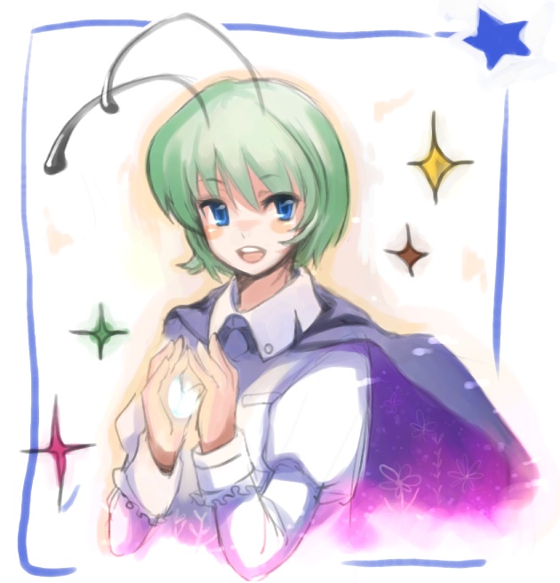 mugishima orie, wriggle nightbug, touhou, 1girl, antennae, blue eyes, cape, female focus, green hair, solo