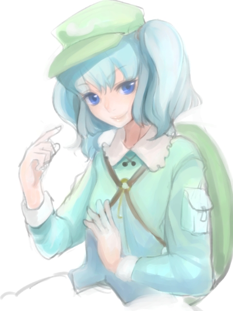 mugishima orie, kawashiro nitori, touhou, 1girl, backpack, bag, blue dress, blue eyes, blue hair, blush, dress, eyebrow piercing, face piercing, female focus, flat cap, hat, head tilt, long sleeves, looking at viewer, matching hair/eyes, piercing, pocket, solo, two side up
