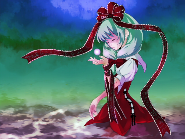 mugishima orie, kagiyama hina, touhou, 1girl, closed eyes, cowboy shot, dress, female focus, floating, floating object, frills, front ponytail, green hair, head tilt, orb, puffy short sleeves, puffy sleeves, red dress, shawl, short hair, short sleeves, solo, standing