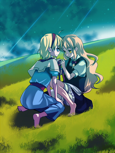 mugishima orie, alice margatroid, kirisame marisa, touhou, 2girls, ahoge, apron, barefoot, black dress, blonde hair, blue dress, blue eyes, bow, capelet, cloud, day, dress, female focus, grass, hair bow, kneeling, leaning forward, long hair, multiple girls, sash, short hair, sitting, sky, squatting, star (sky), starry sky, waist apron, yellow eyes, yuri