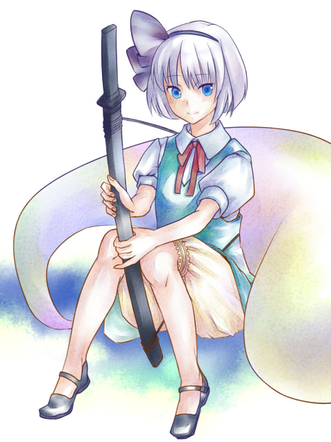 mugishima orie, konpaku youmu, konpaku youmu (ghost), touhou, 1girl, female focus, hitodama, katana, sheath, sheathed, solo, sword, weapon