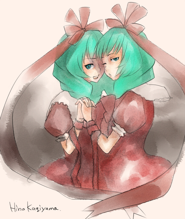 mugishima orie, kagiyama hina, touhou, 2girls, :d, character name, dress, dual persona, female focus, from behind, front ponytail, green eyes, green hair, half-closed eyes, looking at viewer, looking back, multiple girls, open mouth, puffy short sleeves, puffy sleeves, red dress, shaded face, short sleeves, simple background, smile, white background