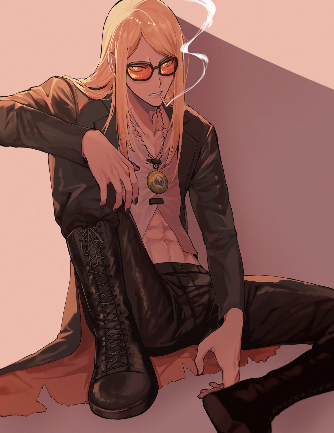 tanaka czk9hk, tezcatlipoca (fate), fate/grand order, fate (series), highres, 1boy, abs, black jacket, black nails, blonde hair, cigarette, full body, jacket, jewelry, long hair, male focus, medallion, midriff, navel, open clothes, open jacket, orange-tinted eyewear, orange background, pants, shirt, sitting, smoke, smoke trail, smoking, solo, sunglasses, tinted eyewear, toned, toned male, white shirt