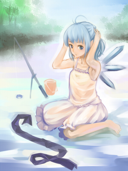 atmp1009, mugishima orie, cirno, touhou, 1girl, ahoge, arms up, arrow (symbol), barefoot, blue eyes, blue hair, crystal, day, dress, female focus, fishing rod, full body, ice, ice wings, looking at viewer, matching hair/eyes, outdoors, river, sitting, solo, sundress, wariza, water, white dress, wings
