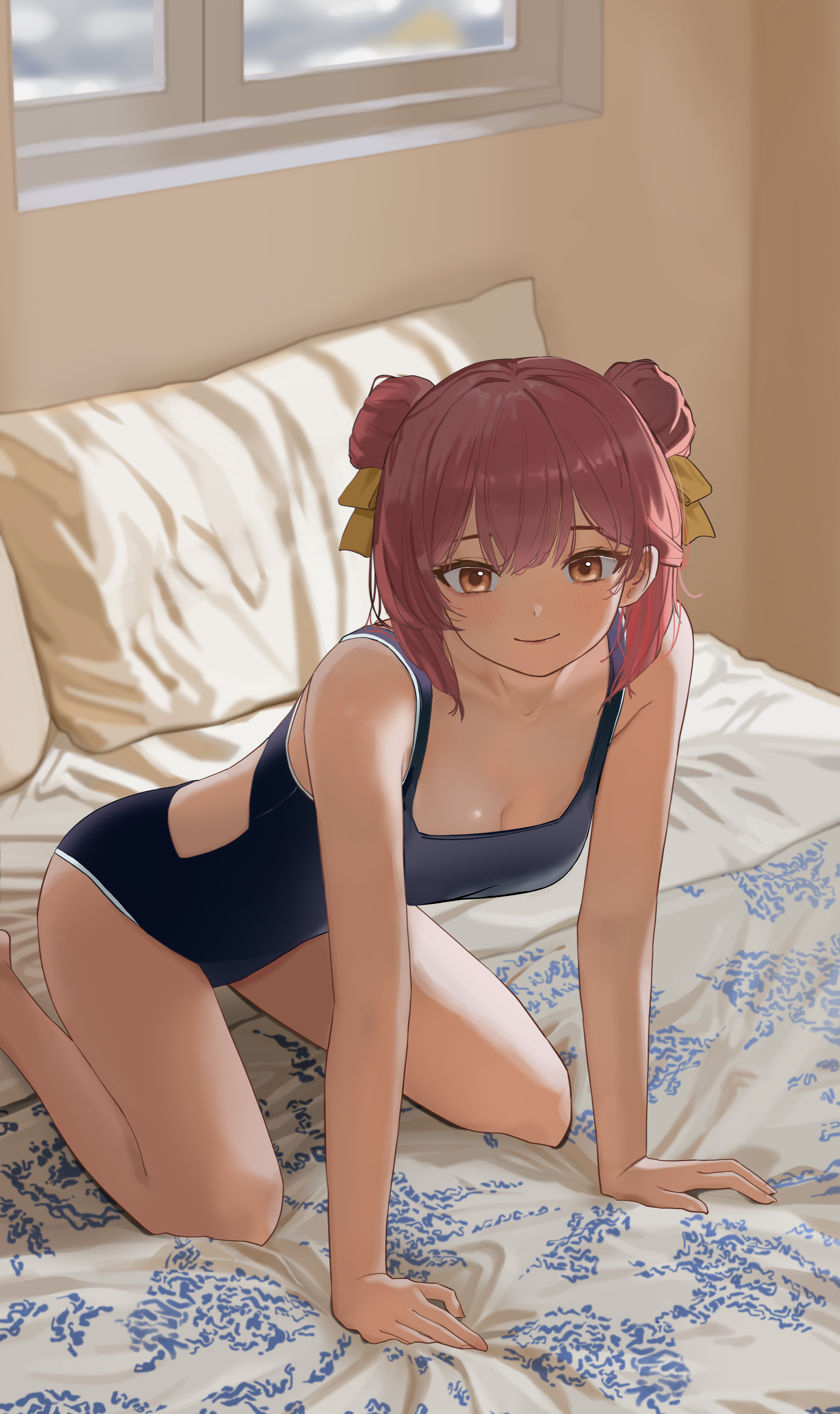 gear (user crga2573), victory (waktaverse), waktaverse, absurdres, highres, 1girl, all fours, armor, bed sheet, blue one-piece swimsuit, blush, breasts, cleavage, dou, double-parted bangs, double bun, hair bun, indoors, japanese armor, looking ahead, medium hair, on bed, one-piece swimsuit, orange eyes, pillow, pink hair, ribbon, smile, solo, swimsuit, virtual youtuber, w, window, yellow ribbon
