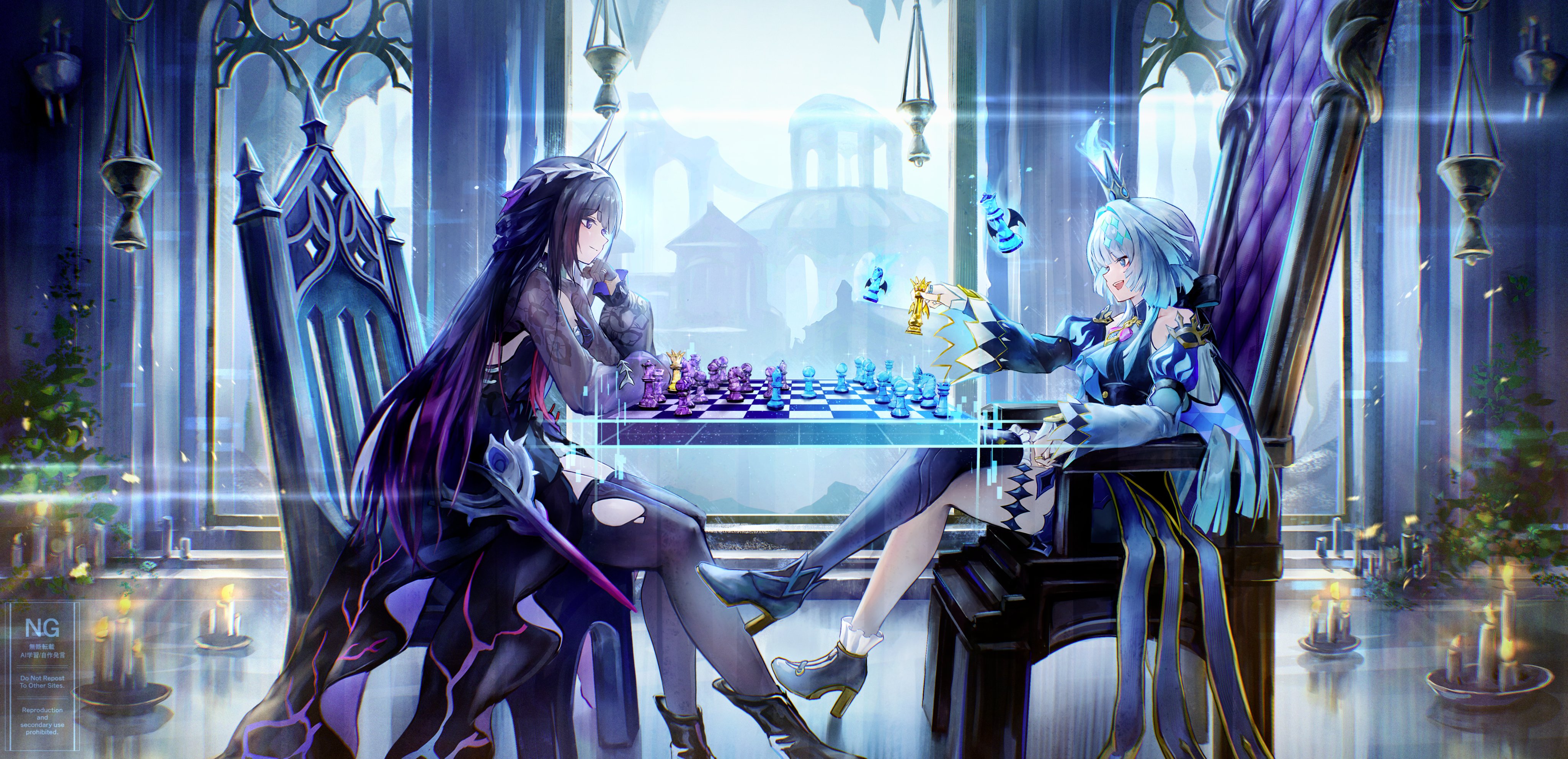 minamo (edosei edo), cerydra (honkai: star rail), hysilens (honkai: star rail), honkai: star rail, honkai (series), absurdres, highres, 2girls, asymmetrical footwear, asymmetrical legwear, black boots, black dress, black gloves, black hair, black thighhighs, blue dress, blue shoes, boots, chair, chess piece, closed mouth, couch, crossed legs, crown, dress, gloves, high heels, holding, holding chess piece, indoors, long hair, long sleeves, looking at object, mini crown, mismatched footwear, mismatched legwear, multiple girls, on chair, on couch, open mouth, playing chess, purple eyes, purple hair, shoes, sitting, smile, socks, thighhighs, torn clothes, torn thighhighs, very long hair, white socks