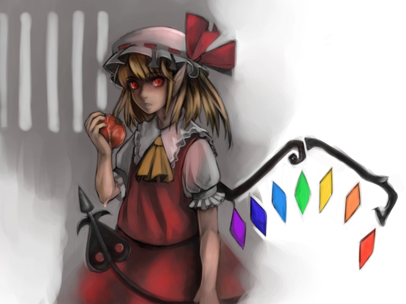 mugishima orie, flandre scarlet, touhou, 1girl, aged up, blonde hair, crystal, dress, female focus, holding, laevatein, looking at viewer, pointy ears, puffy short sleeves, puffy sleeves, rainbow order, red dress, red eyes, short sleeves, simple background, solo, stick, tomato, white background, wings