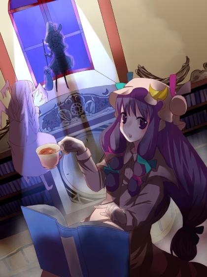 mugishima orie, kirisame marisa, koakuma, patchouli knowledge, embodiment of scarlet devil, touhou, 3girls, blush, book, bookshelf, bow, broom, cup, demon wings, female focus, full body, hair bow, hat, head wings, indoors, library, long hair, looking at viewer, low-tied long hair, moonlight, multiple girls, night, purple hair, shadow, silhouette, skirt, skirt set, standing, teacup, very long hair, voile, window, wings, witch hat