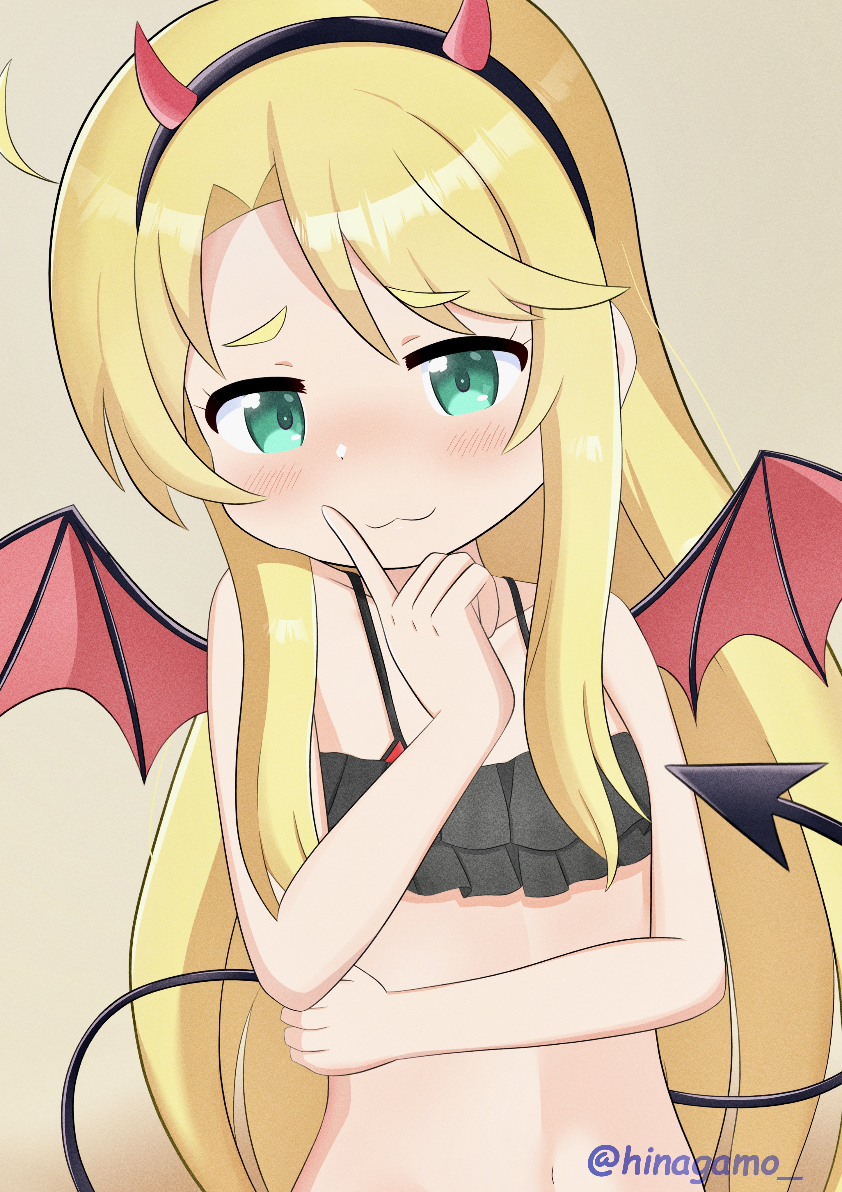 himesaka noa, watashi ni tenshi ga maiorita!, absurdres, highres, 1girl, bare arms, bare shoulders, bikini, black bikini, black hairband, blonde hair, blush, closed mouth, demon girl, demon horns, demon tail, demon wings, finger to mouth, flat chest, green eyes, hairband, hinagamo, horns, long hair, looking at viewer, simple background, solo, swimsuit, tail, twitter username, upper body, very long hair, wings