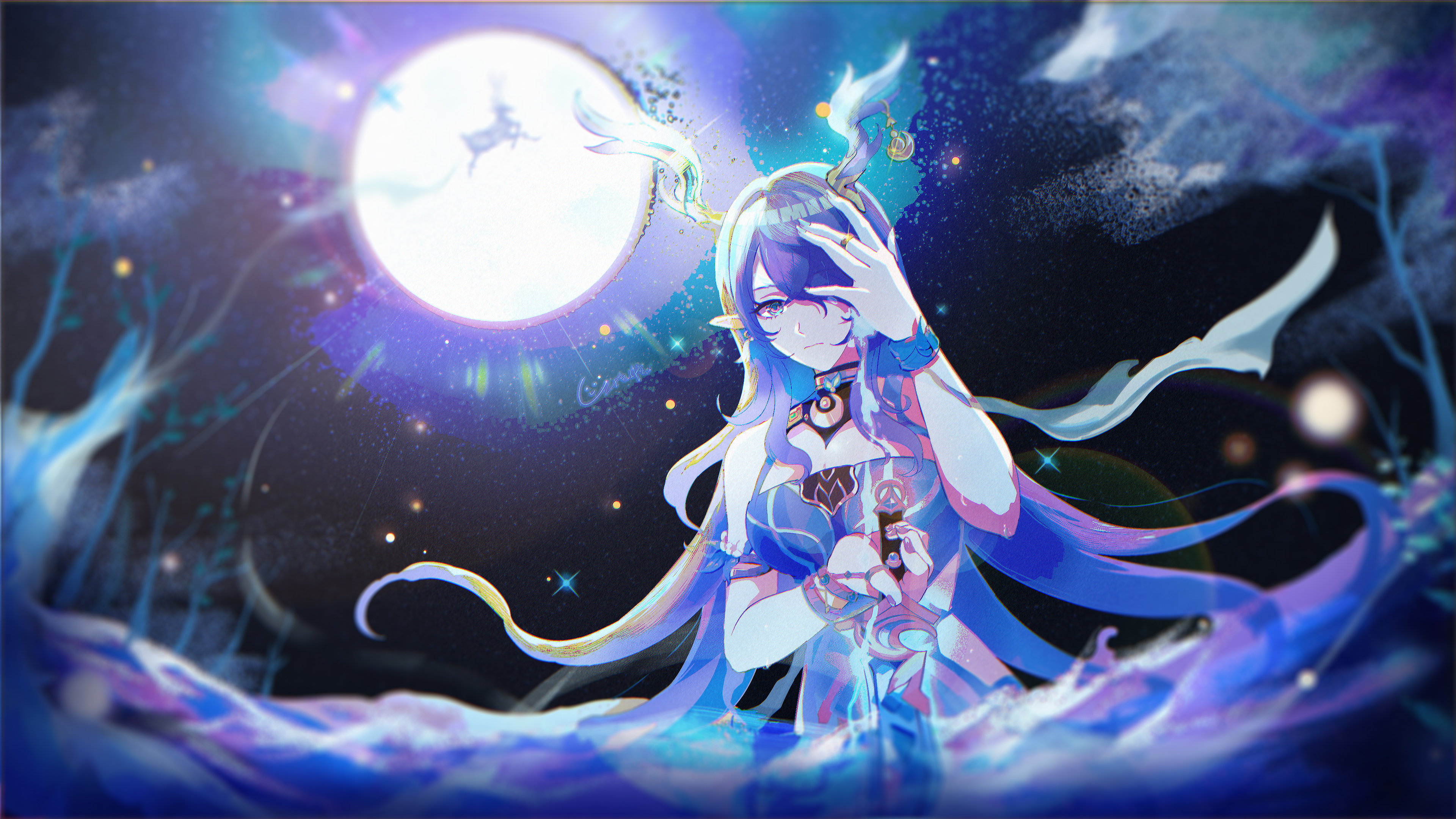 qise zhijing, lauma (genshin impact), genshin impact, absurdres, highres, 1girl, antlers, aqua nails, blue dress, breasts, cleavage, closed mouth, deer antlers, dress, full moon, hair over one eye, horns, jewelry, large breasts, long hair, moon, night, night sky, pointy ears, ring, sky, solo, strapless, strapless dress, very long hair
