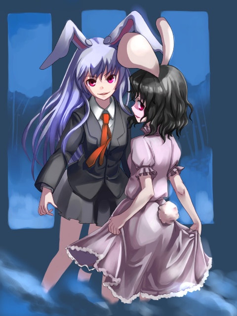 mugishima orie, inaba tewi, reisen udongein inaba, touhou, 2girls, animal ears, clothes pull, dress pull, female focus, multiple girls, rabbit ears, rabbit girl, rabbit tail, skirt hold, standing, tail, wavy hair