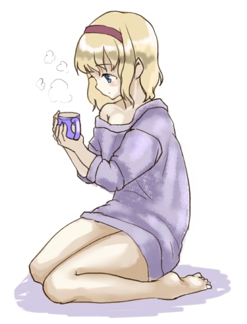 mugishima orie, alice margatroid, touhou, 1girl, barefoot, blonde hair, blue eyes, blush, cup, female focus, full body, hairband, holding, kneeling, legs, looking down, mug, naked sweater, off shoulder, short hair, simple background, sitting, solo, sweater, toes, wariza, white background