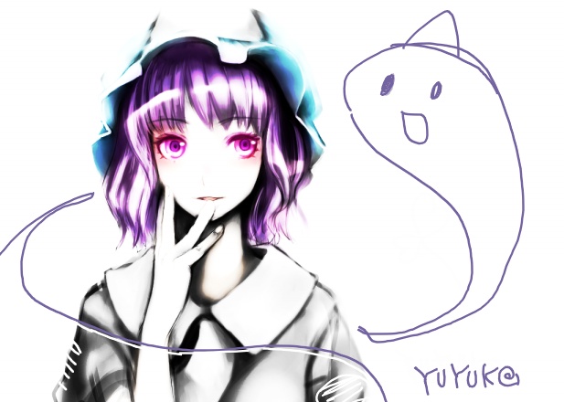 mugishima orie, saigyouji yuyuko, touhou, 1girl, collar, female focus, floating, ghost, hat, hitodama, long sleeves, looking at viewer, mob cap, pink hair, red eyes, short hair, simple background, solo, triangular headpiece, white background
